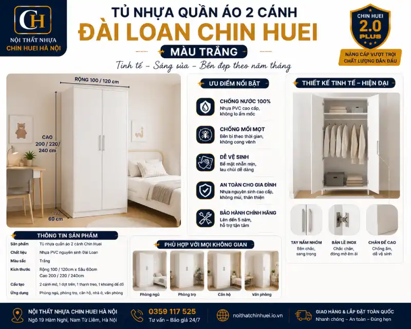 mẫu tủ nhựa quần áo 2 cánh Đài Loan Chin Huei màu trắng