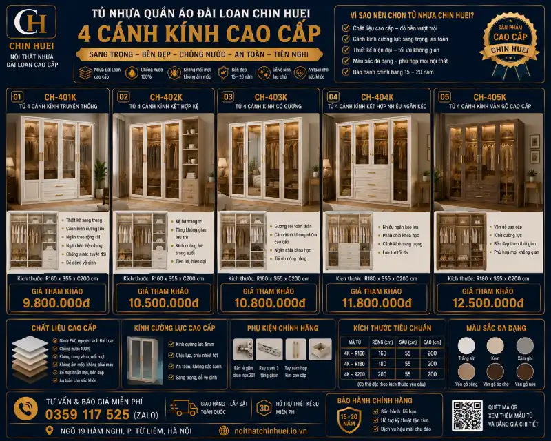 mẫu tủ nhựa quần áo Chin Huei 4 cánh kính cao cấp