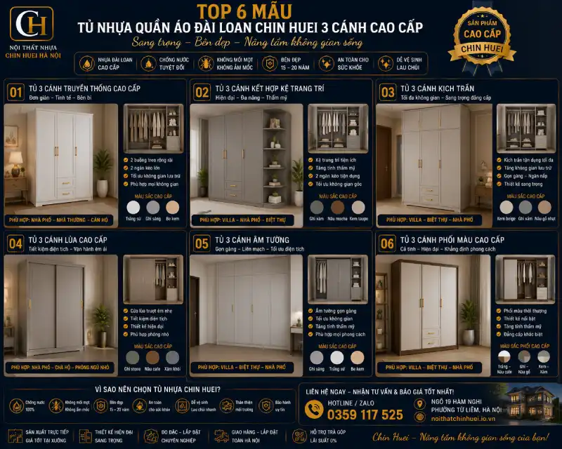 mẫu tủ nhựa quần áo Đài Loan Chin Huei 3 cánh cao cấp