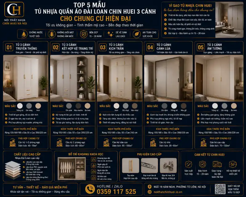 mẫu tủ nhựa quần áo Đài Loan Chin Huei 3 cánh cho chung cư