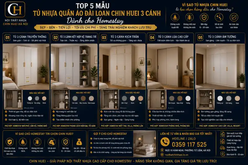 mẫu tủ nhựa quần áo Đài Loan Chin Huei 3 cánh cho homestay