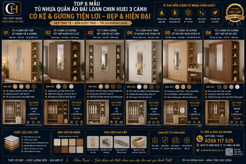 mẫu tủ nhựa quần áo Đài Loan Chin Huei 3 cánh có kệ & gương