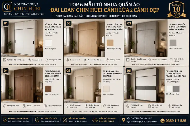 mẫu tủ nhựa quần áo Đài Loan Chin Huei cánh lùa 2 cánh đẹp