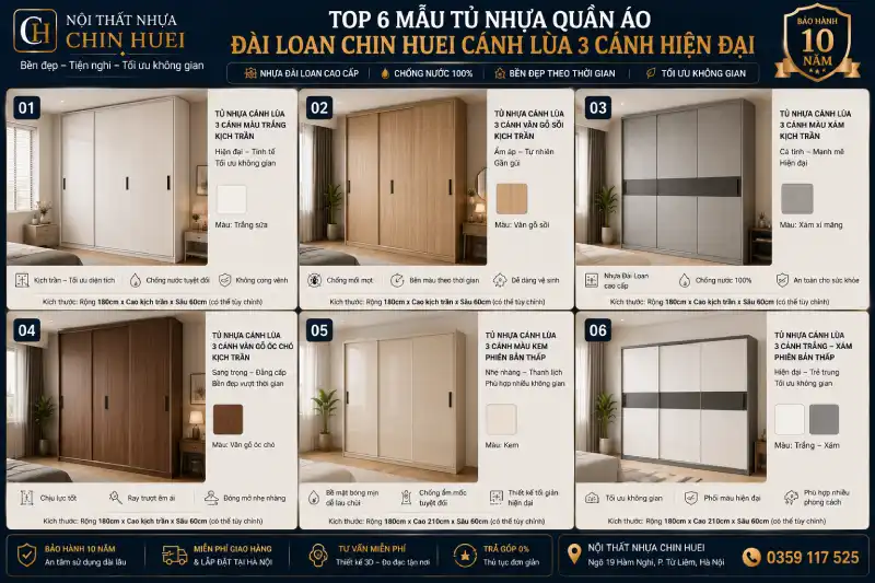 mẫu tủ nhựa quần áo Đài Loan Chin Huei cánh lùa 3 cánh hiện đại
