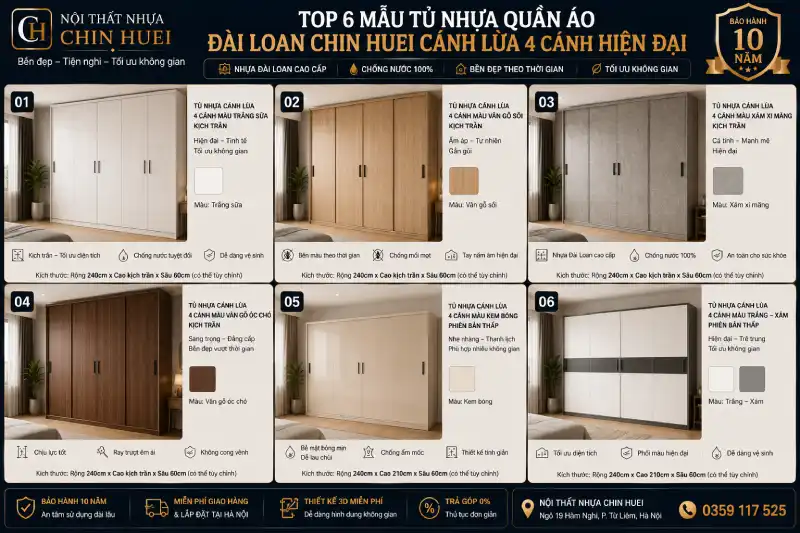tủ nhựa quần áo Đài Loan Chin Huei cánh lùa 4 cánh