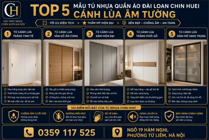 mẫu tủ nhựa quần áo Đài Loan Chin Huei cánh lùa âm tường