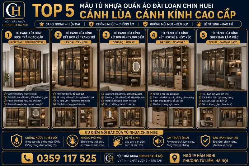 mẫu tủ nhựa quần áo Đài Loan Chin Huei cánh lùa cánh kính cao cấp