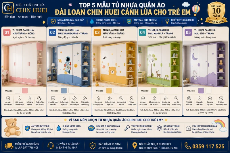 mẫu tủ nhựa quần áo Đài Loan Chin Huei cánh lùa cho trẻ em