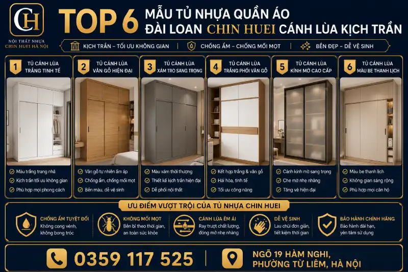 mẫu tủ nhựa quần áo Đài Loan Chin Huei cánh lùa kịch trần