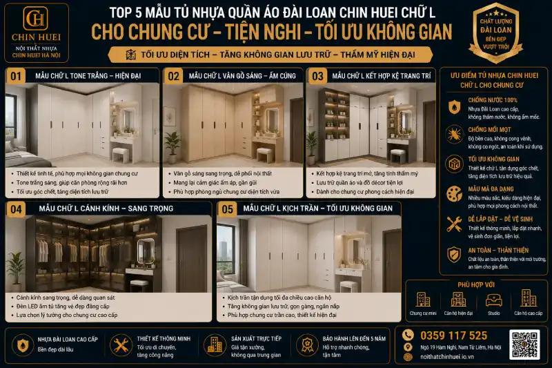 mẫu tủ nhựa quần áo Đài Loan Chin Huei chữ L cho chung cư