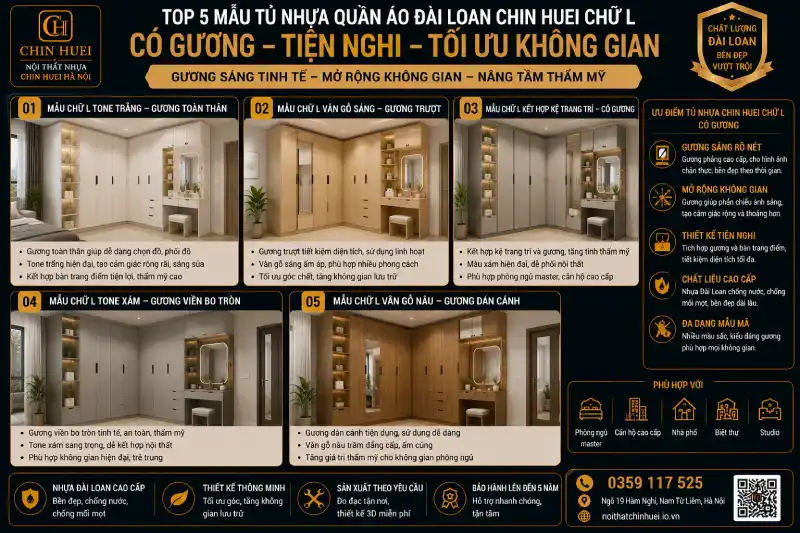 mẫu tủ nhựa quần áo Đài Loan Chin Huei chữ L có gương