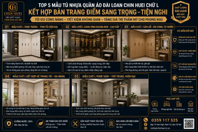 mẫu tủ nhựa quần áo Đài Loan Chin Huei chữ L kết hợp bàn trang điểm