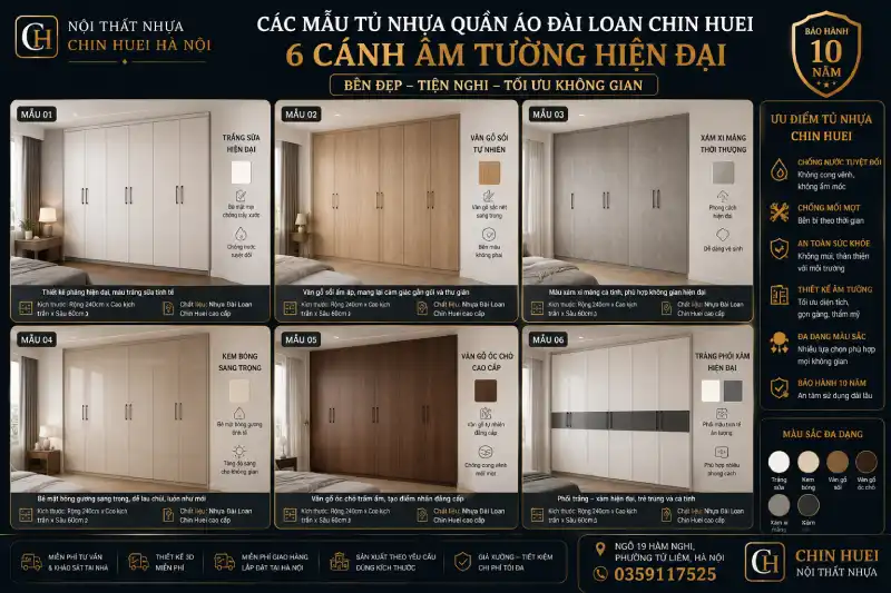mẫu tủ nhựa quần áo nhựa Đài Loan Chin Huei 6 cánh âm tường