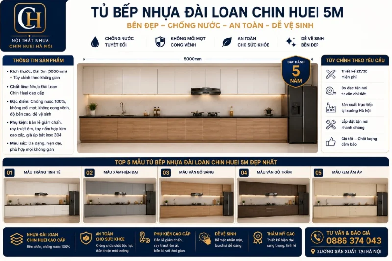 mẫu tủ bếp nhựa Đài Loan Chin Huei 5m