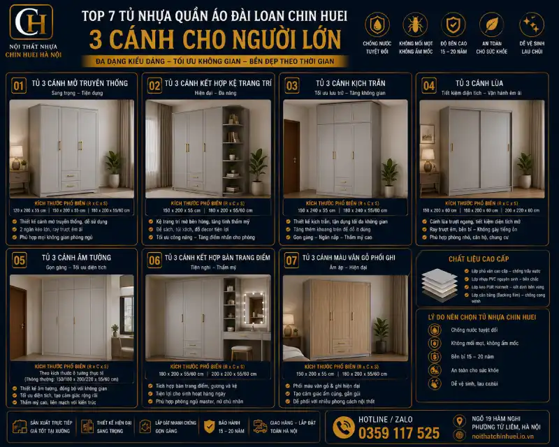 tủ nhựa quần áo Đài Loan 3 cánh cho người lớn