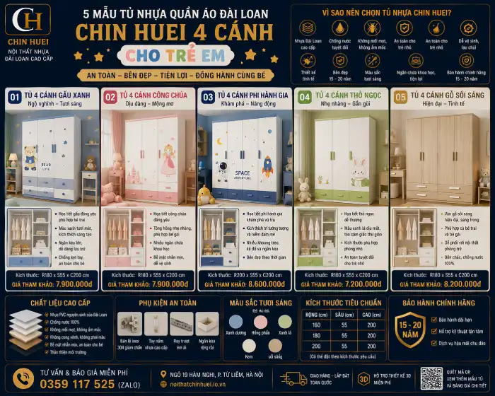 tủ nhựa quần áo Đài Loan 4 cánh cho trẻ em
