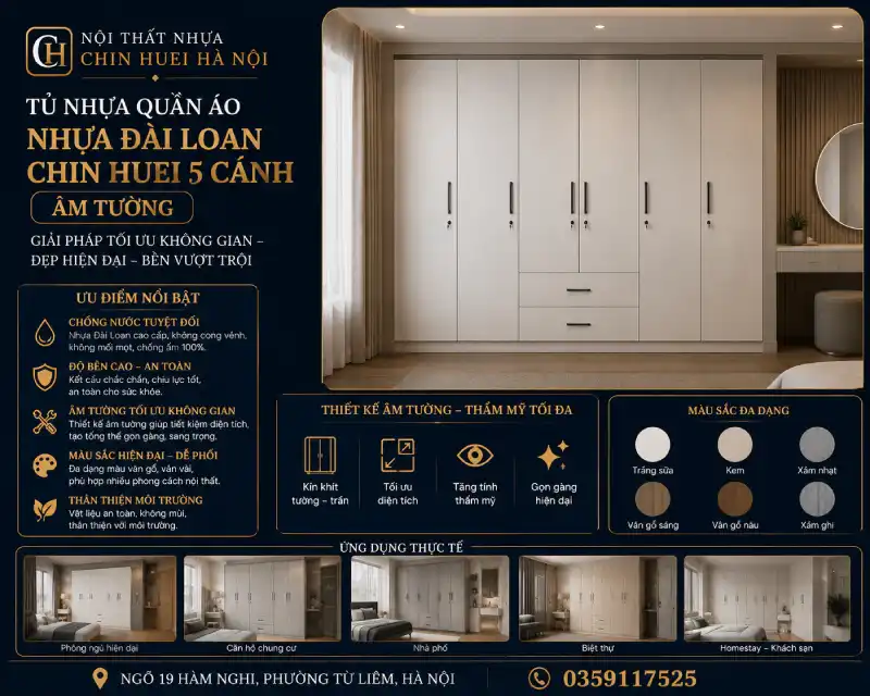 tủ nhựa quần áo nhựa Đài Loan Chin Huei 5 cánh âm tường