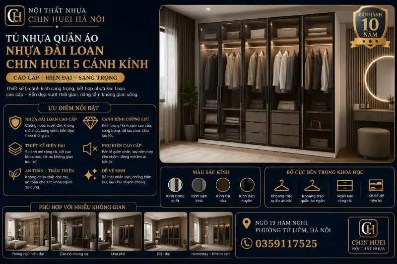 tủ nhựa quần áo nhựa Đài Loan Chin Huei 5 cánh kính cao cấp